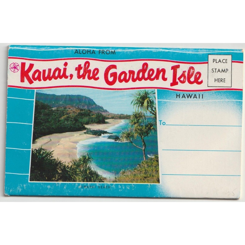 Kauai Garden Isle Hawaii HI Lumahai Beach Souvenir Postcard Folder Mailer Vtg